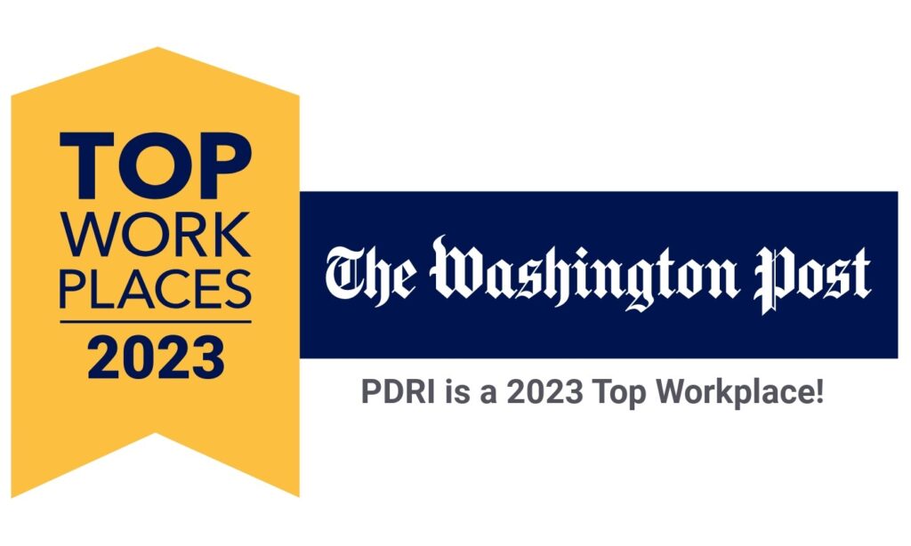 Award graphic indicating that the Washington Post recognized PDRI as a top work place in 2023.