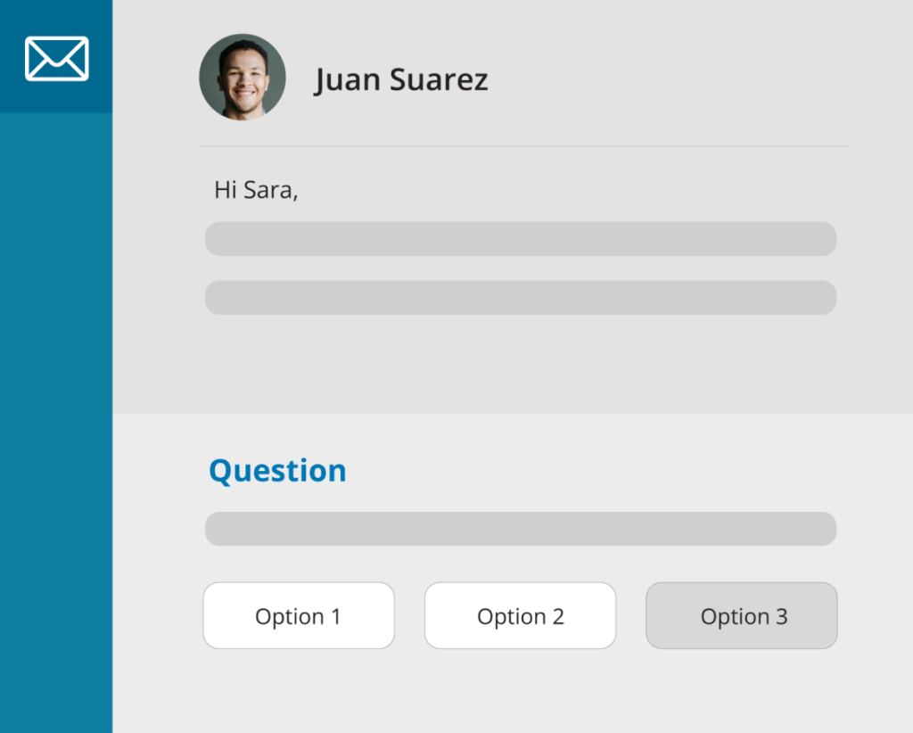 Simplified display of an assessment where the candidate is receiving an email with a question of how bets to respond.